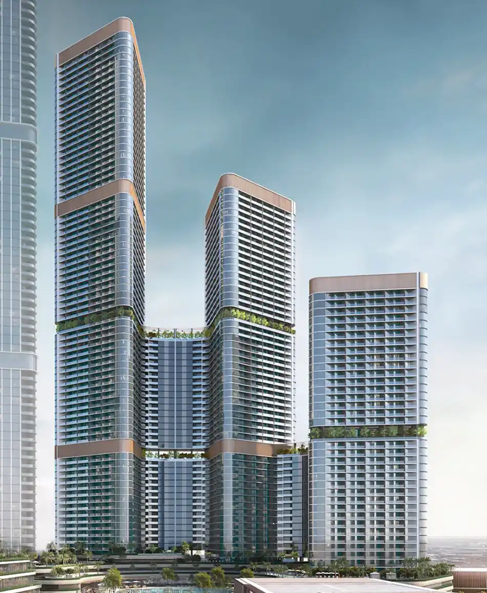 Dubai Islands modern skyscrapers with waterfront view