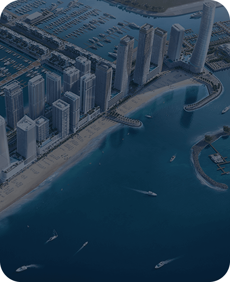 Aerial view of Dubai Islands marina with luxury yachts and high-rise buildings